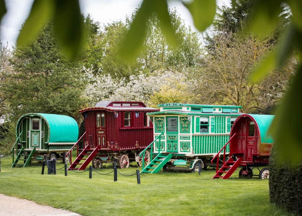 Colourful Romany Caravans and Spring Blossom at South Farm