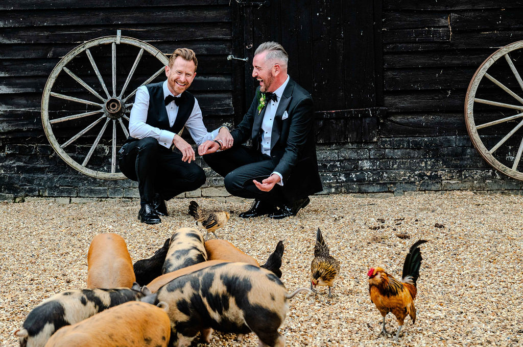 Two Grooms in tuxedos on same sex wedding day kneel laughing in barnyard surrounded by rare breed farm animals