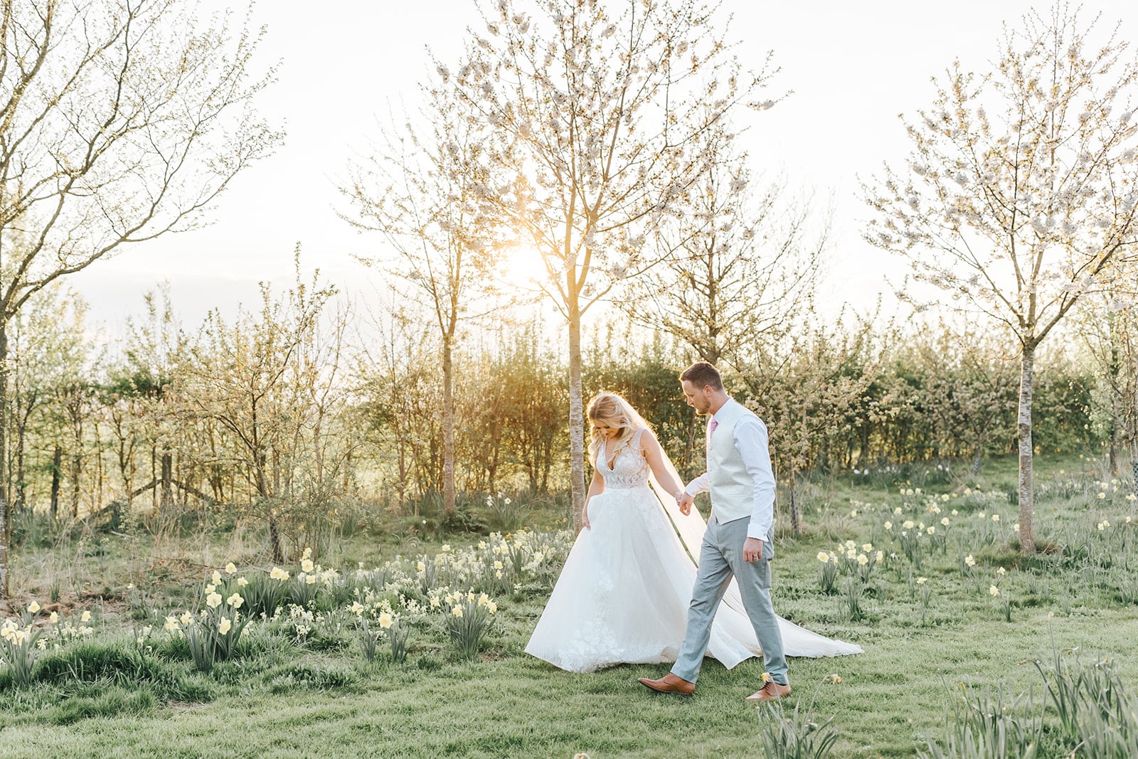Bride and Groom walking in countryside wedding venue amongst spring blossoms and daffodils at golden hour