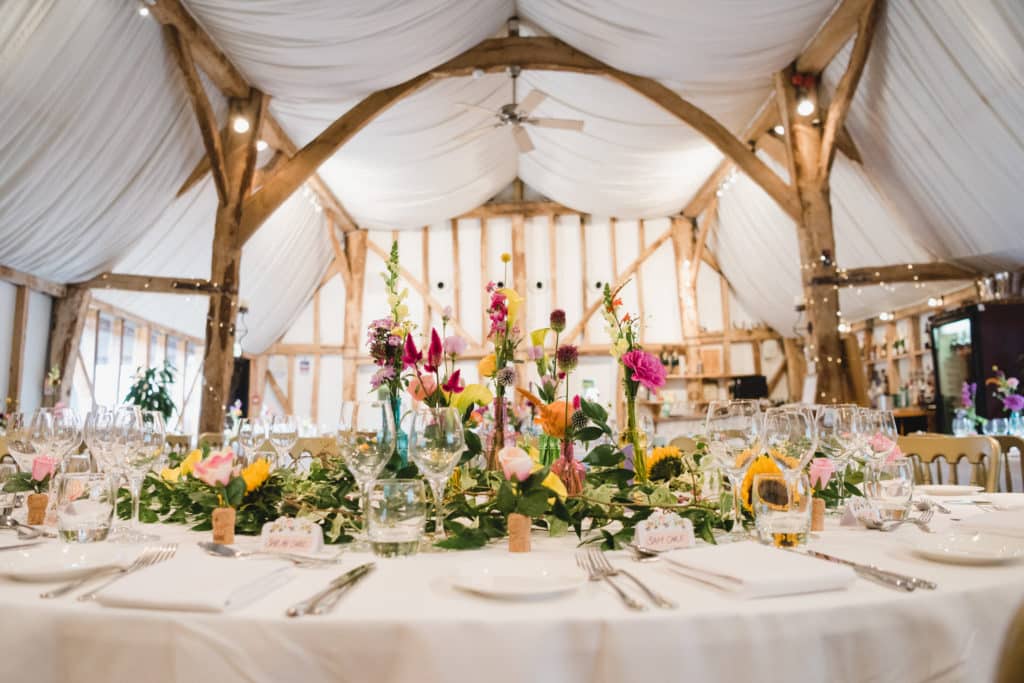 Tudor Barn Set for Dining at South Farm Cambridgeshire Barn Wedding Reception
