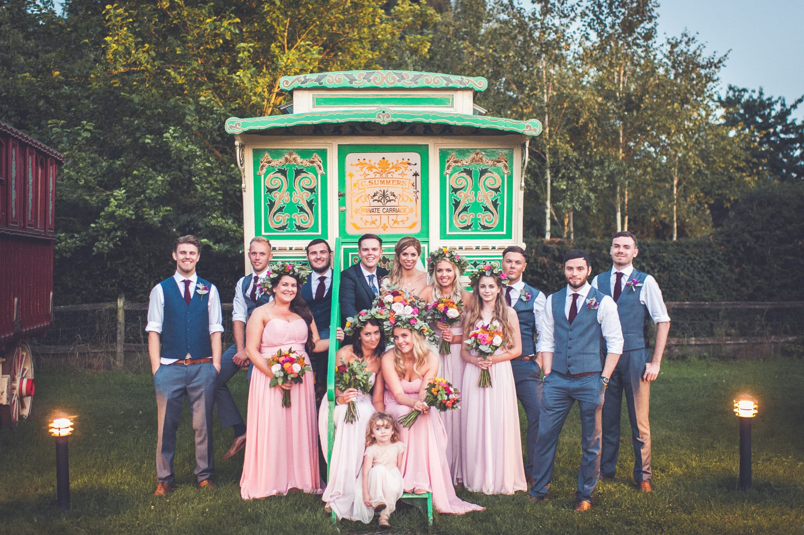 Bride Groom and Bridal Party at South Farm Ronany Wagon