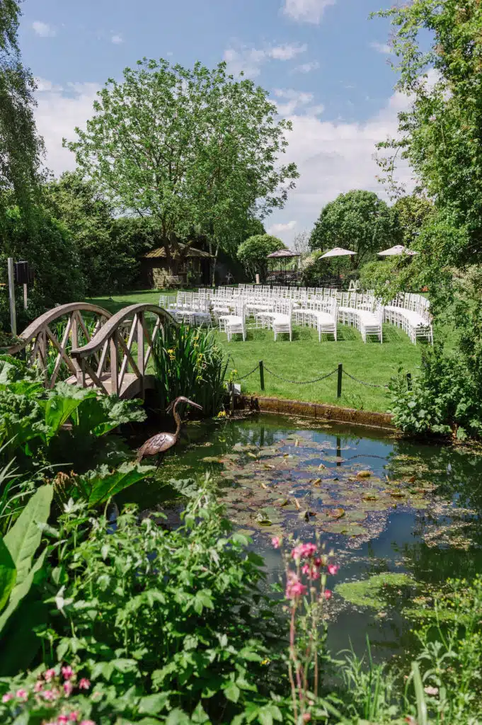 Summer Wedding Garden Bridge over the pond