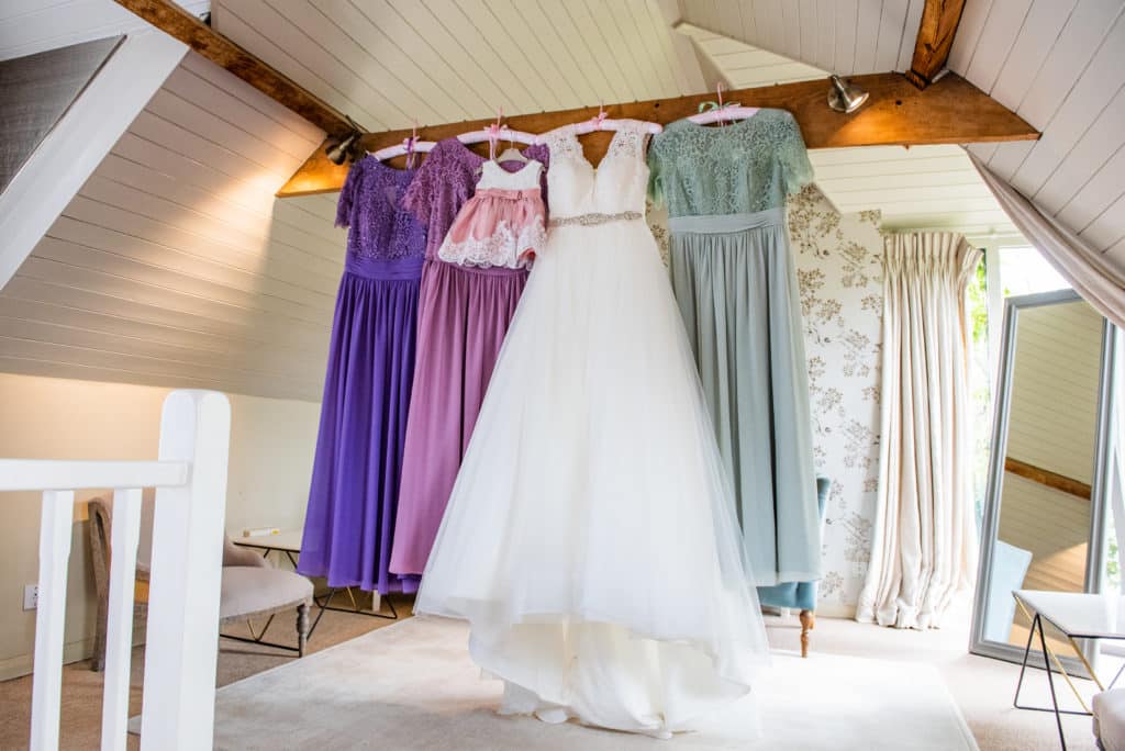 Bride and Bridesmaids dresses in Bridal Suite at South Farm Wedding Venue