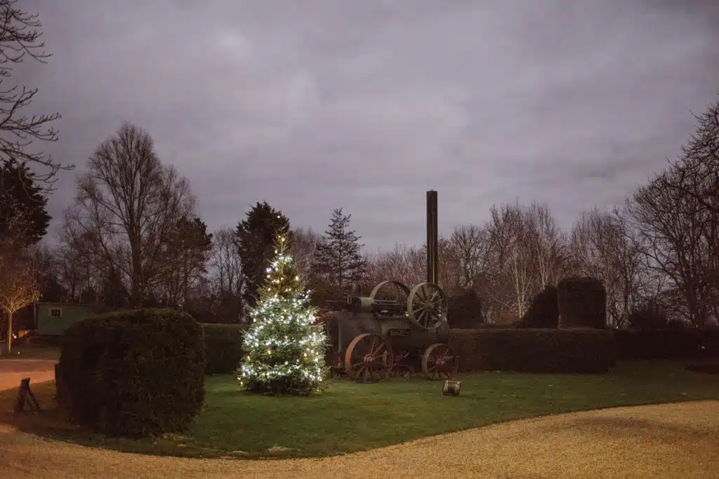 Christmas Tree full of twinkly lights at South Farm Wedding Venue