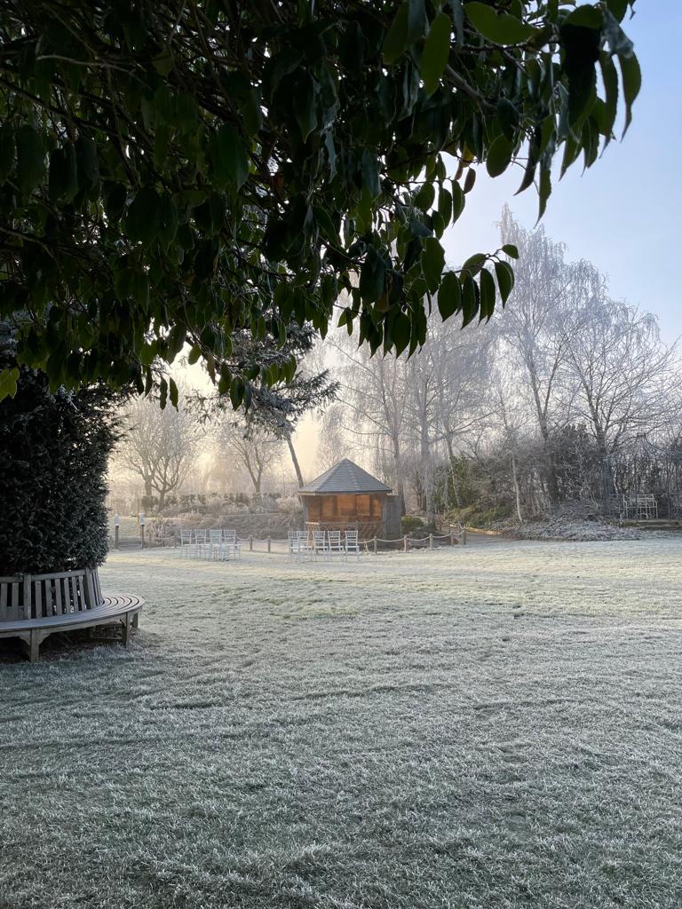 Frosty garden in January at wedding venue