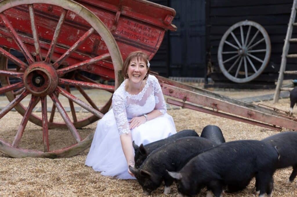 Bride feeding piglets on wedding day at farm wedding venue 