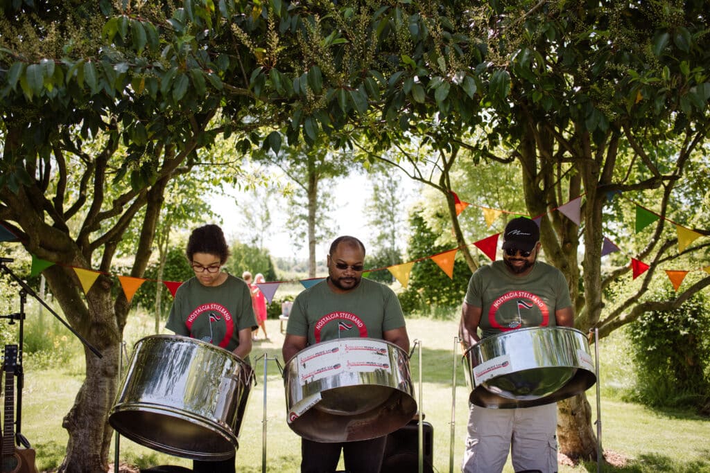 Steel Drum band playing at Garden wedding venue charity event