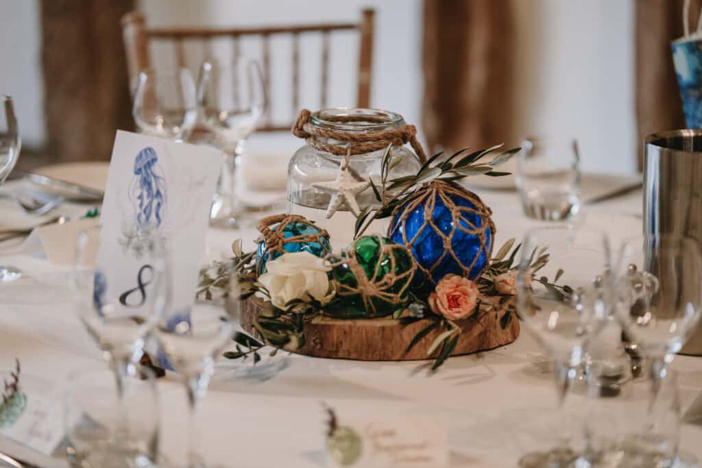 Table settings at barn wedding venue