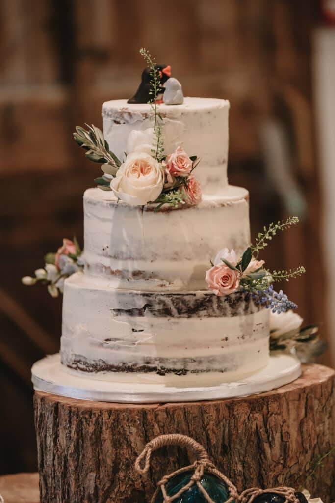 Three tier Wedding cake at barn wedding venue