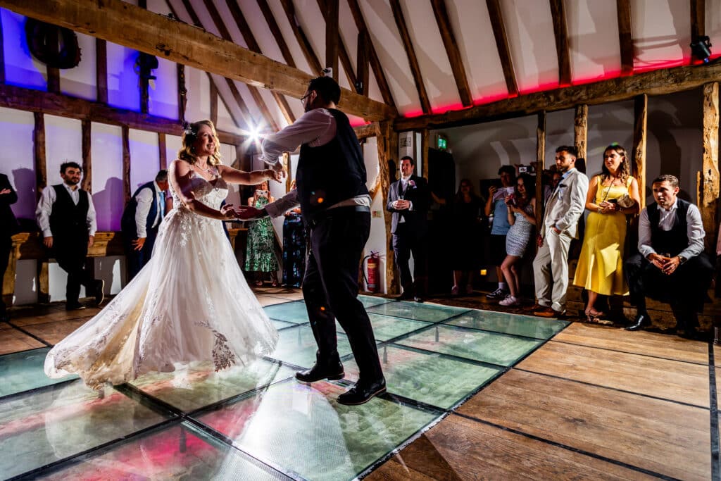 First Dance at Barn Wedding Venue venue and groom 