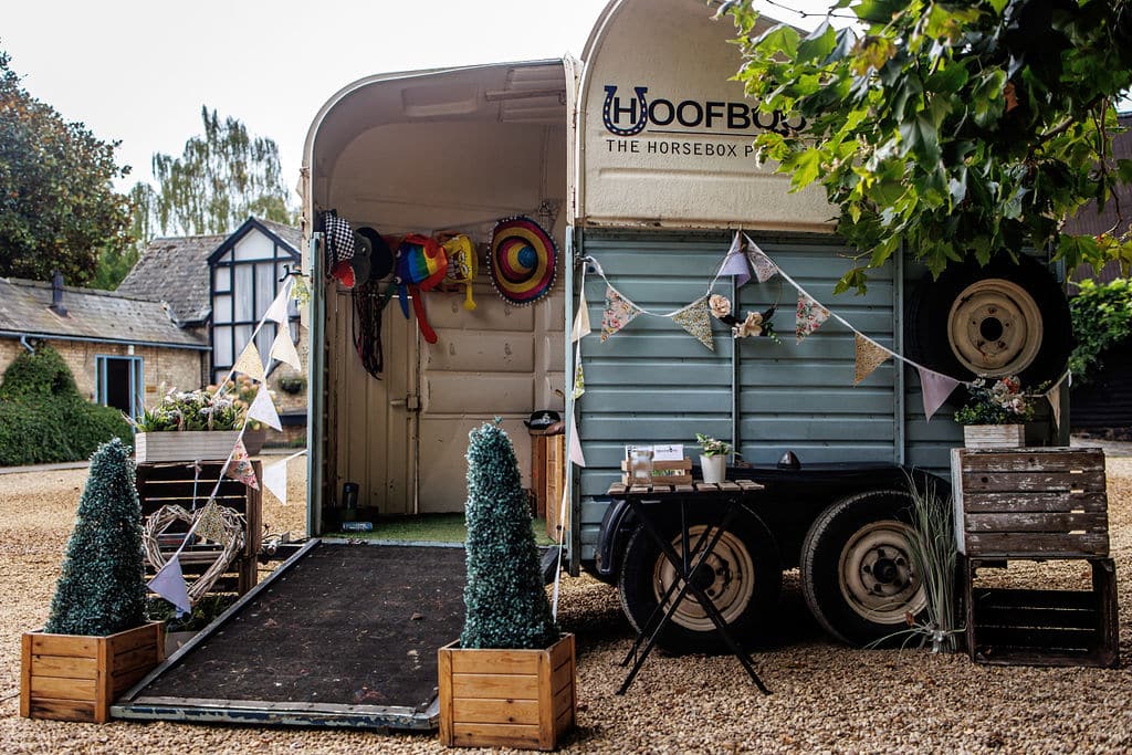 Horse Box Photo Booth set at wedding venue in courtyard