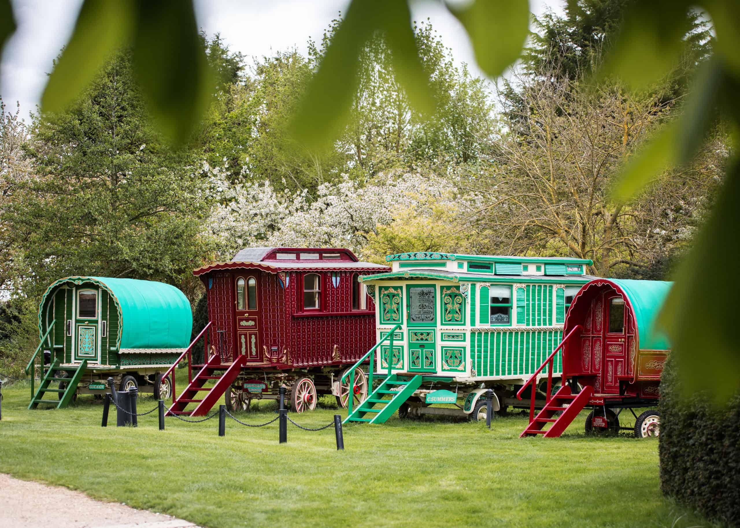 Colourful Romany Caravans and Spring Blossom at South Farm