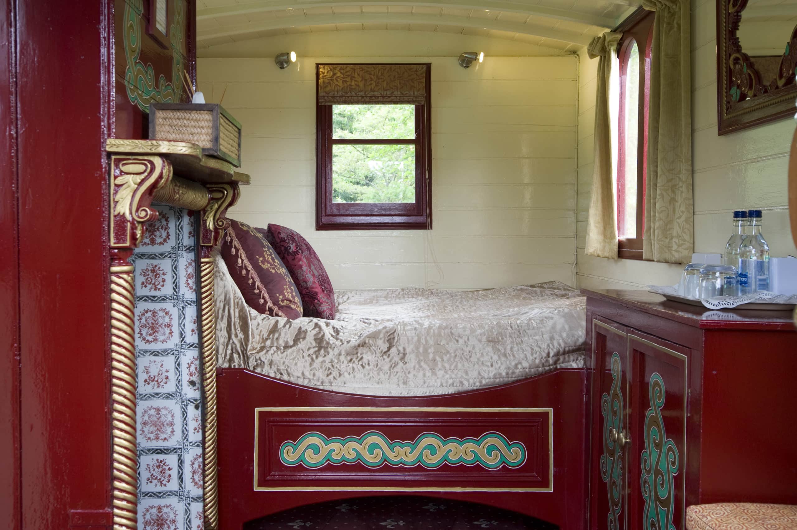 Beautiful Handpainted Romany Wagon Inside Glamping Accomodation at Wedding Venue