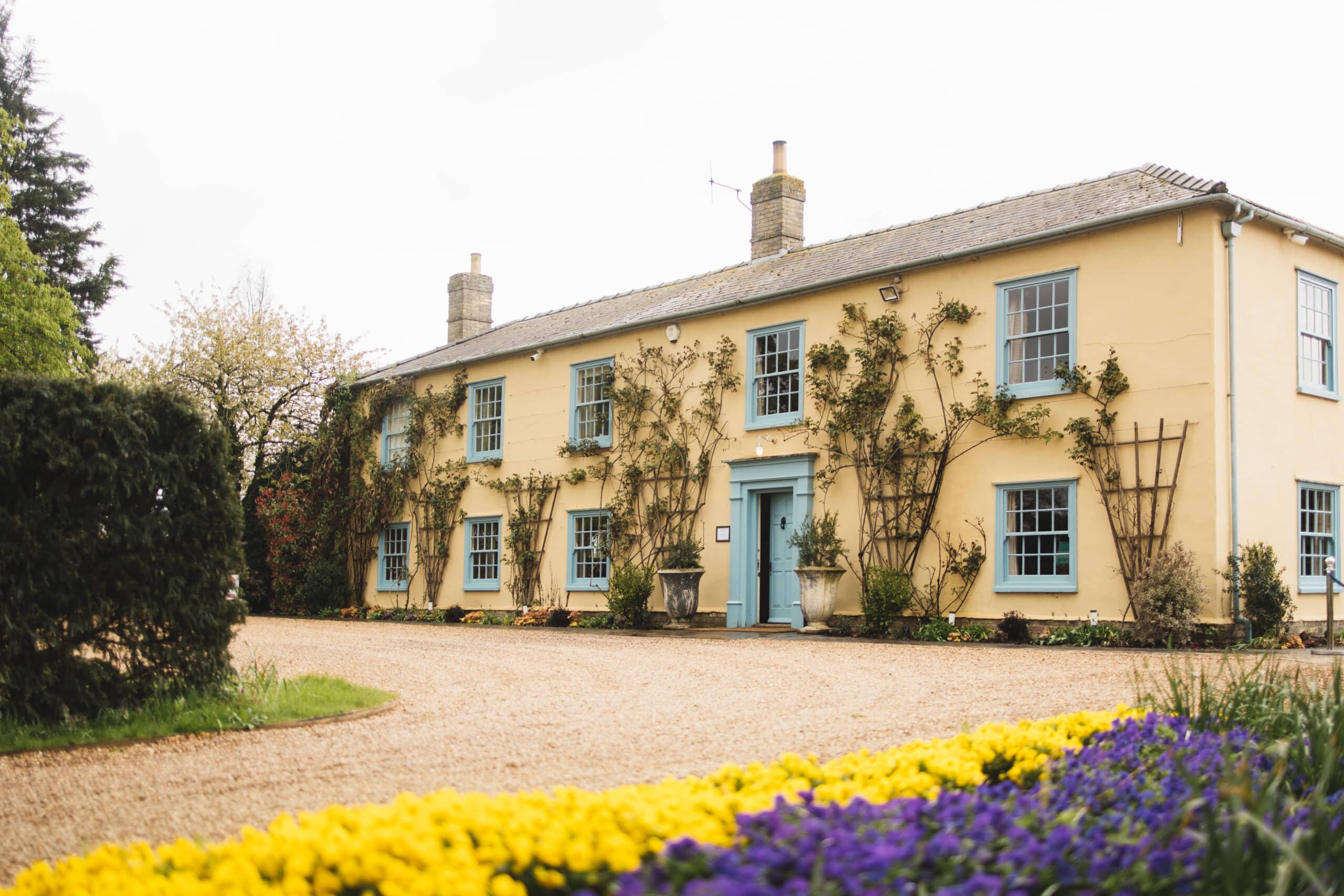 Beautiful cream farmhouse with pretty blue doors and windows and violet and yellow flowers in the foreground