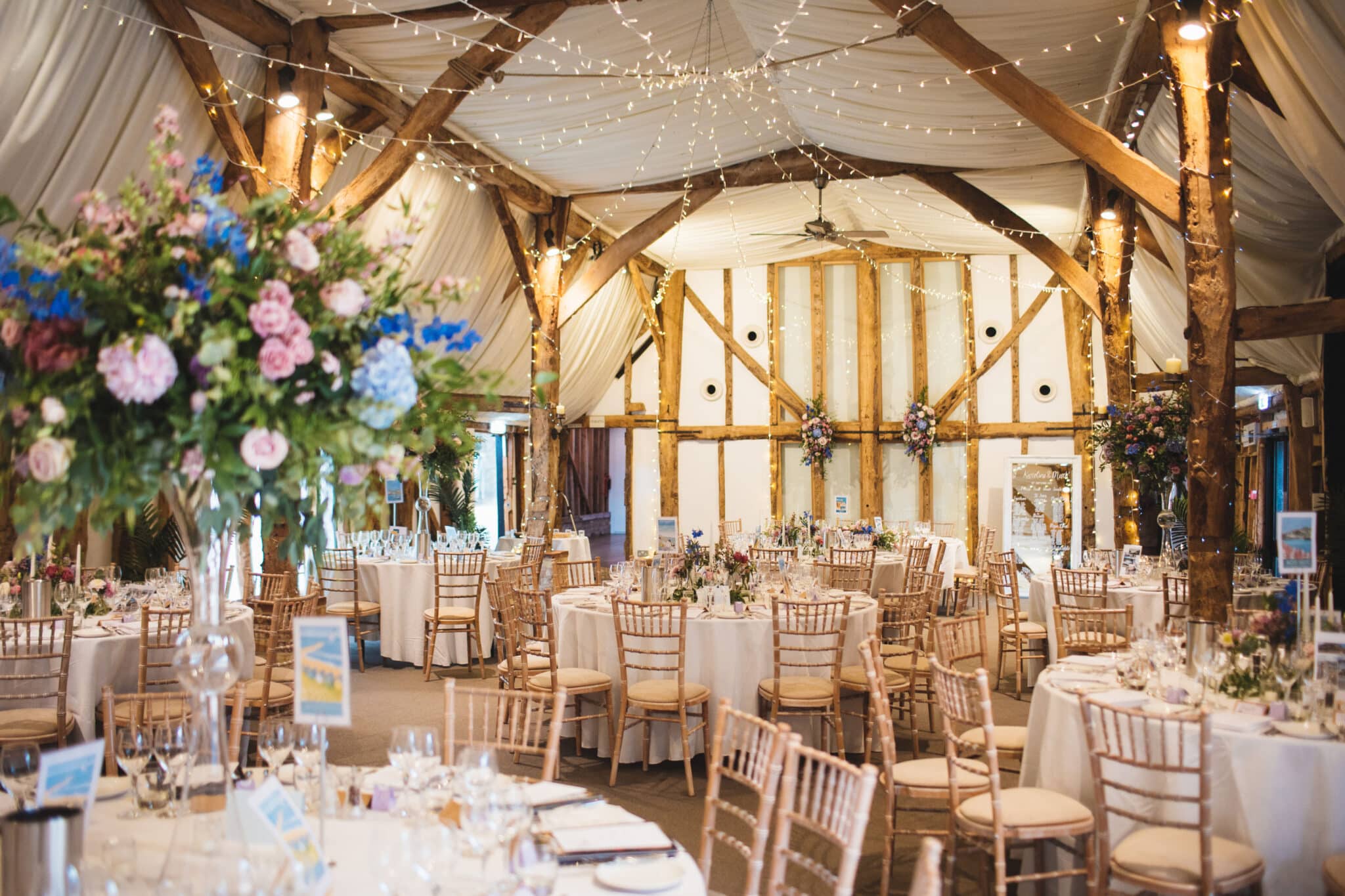 Wedding Barn set for meal at wedding venue near Bedfordshire
