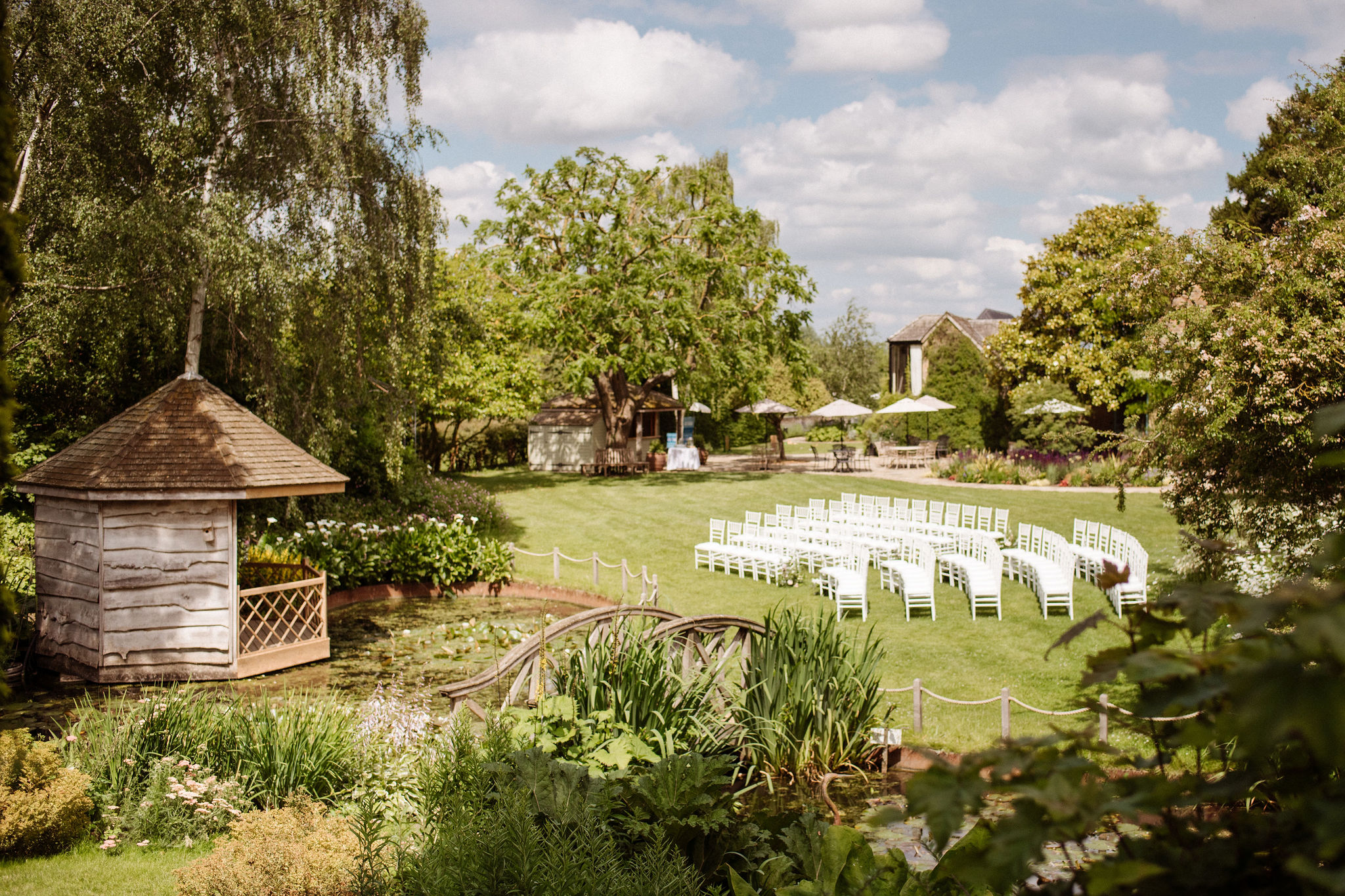 Countryside wedding venue set for garden wedding ceremony Hertfordshire