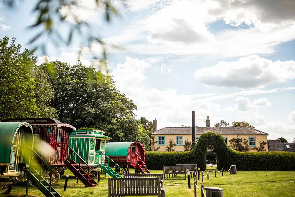 The charming Romany Caravans at barn wedding venue in Hertfordshire