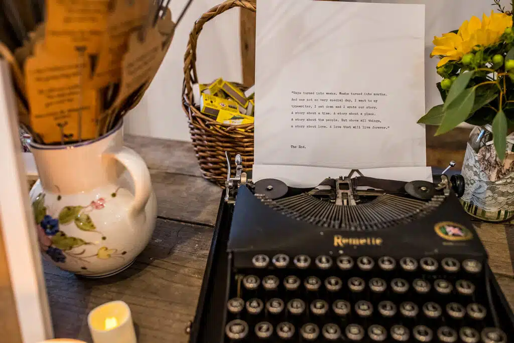 A special love note typed up on a typewriter at charming barn wedding venue in Hertfordshire