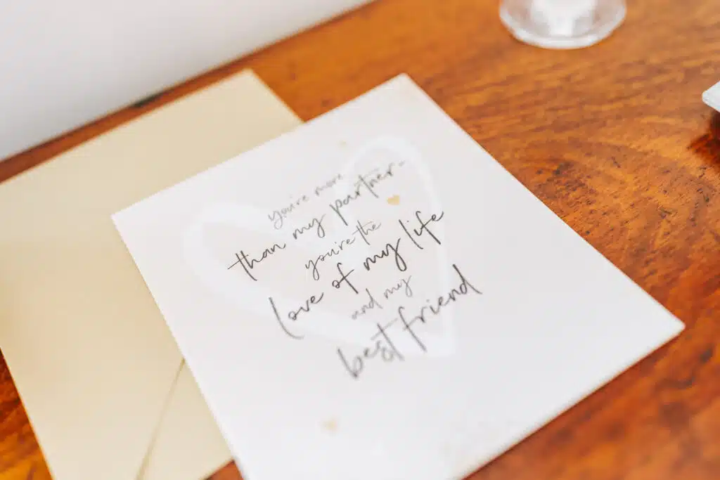 A special card in The Coach house suite left for the bride with lovely words