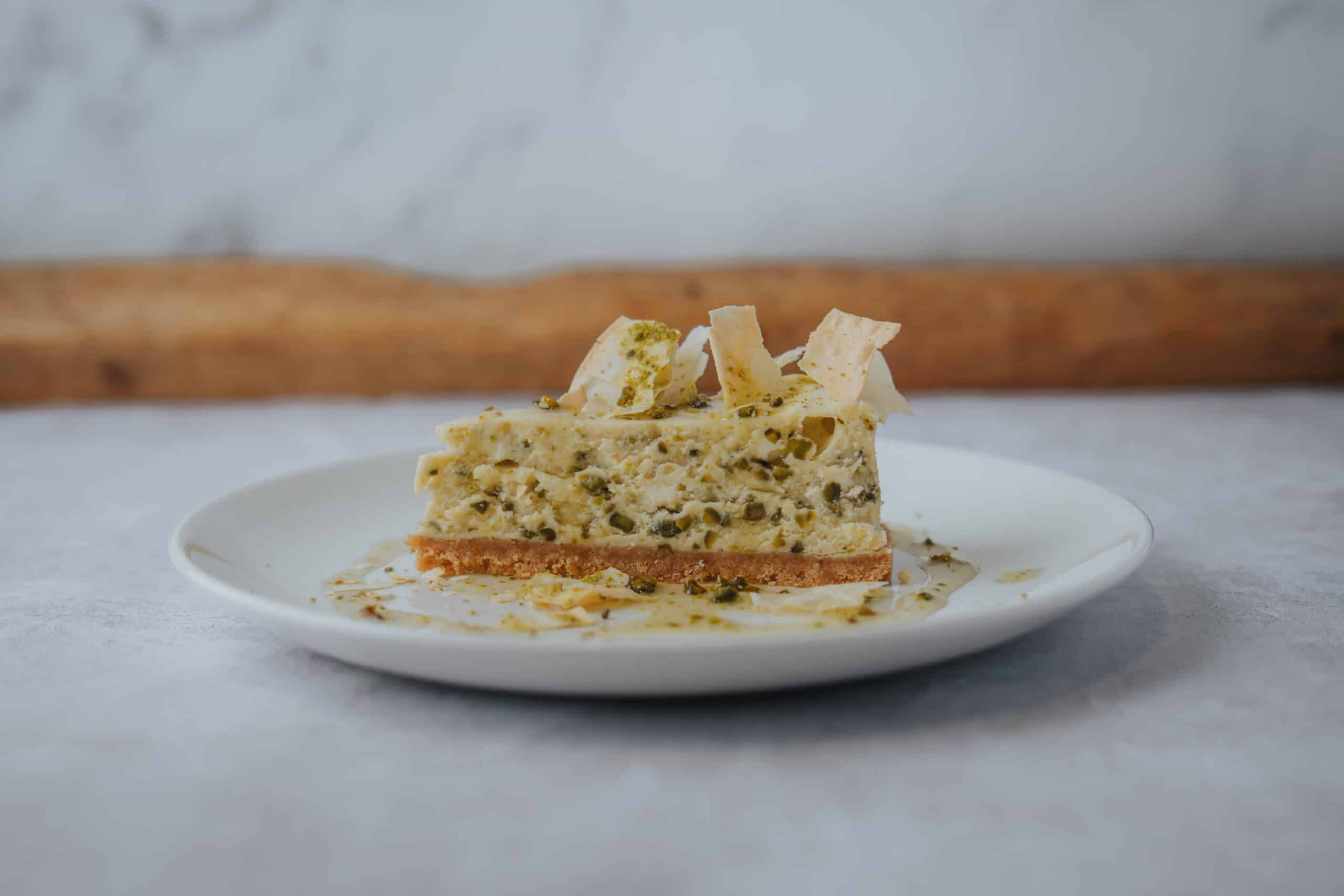 Baklava Pistachio Cheesecake, Pistachio Syrup, crispy Filo Shards