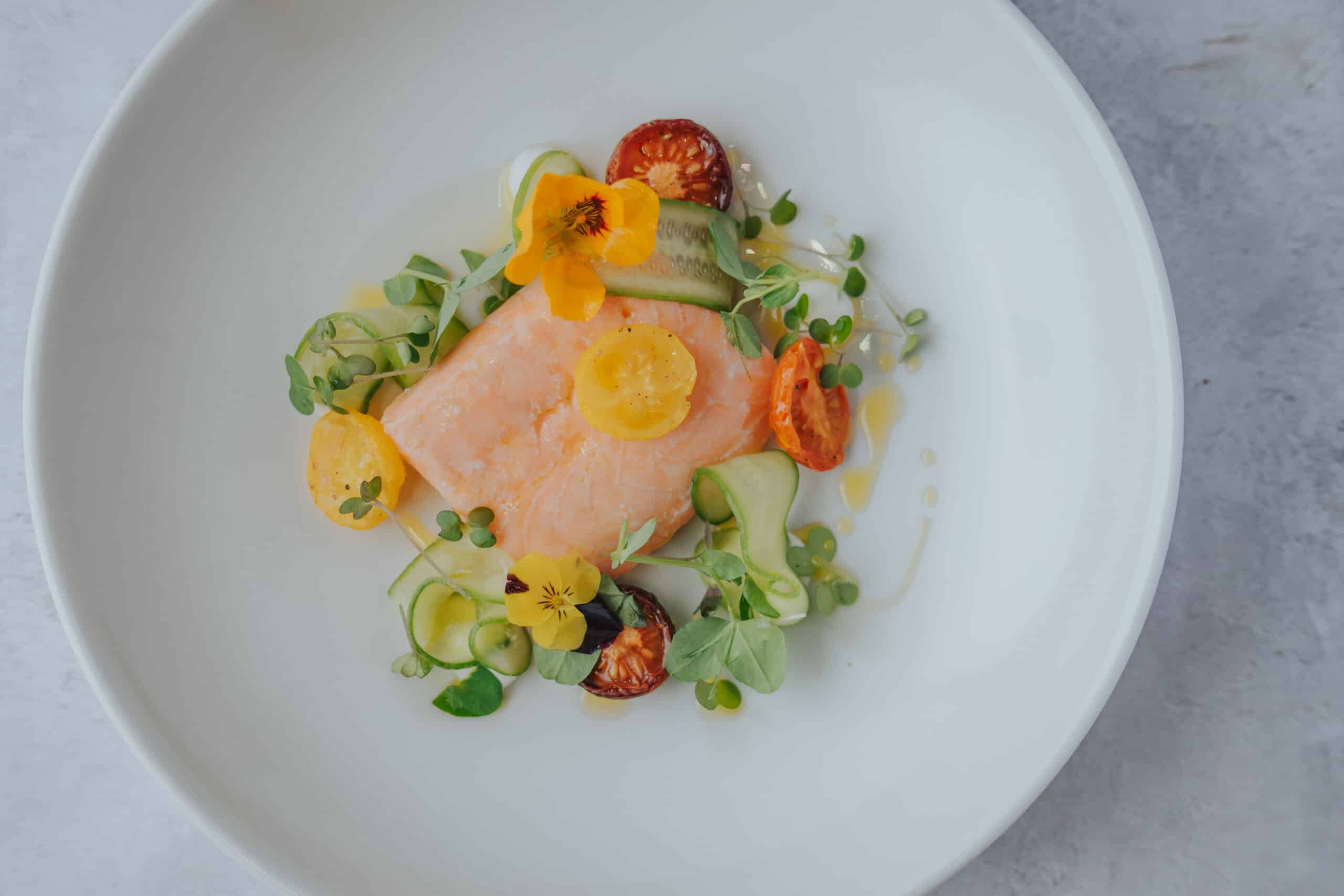 Wedding venue fish starter Loch Duart confit salmon