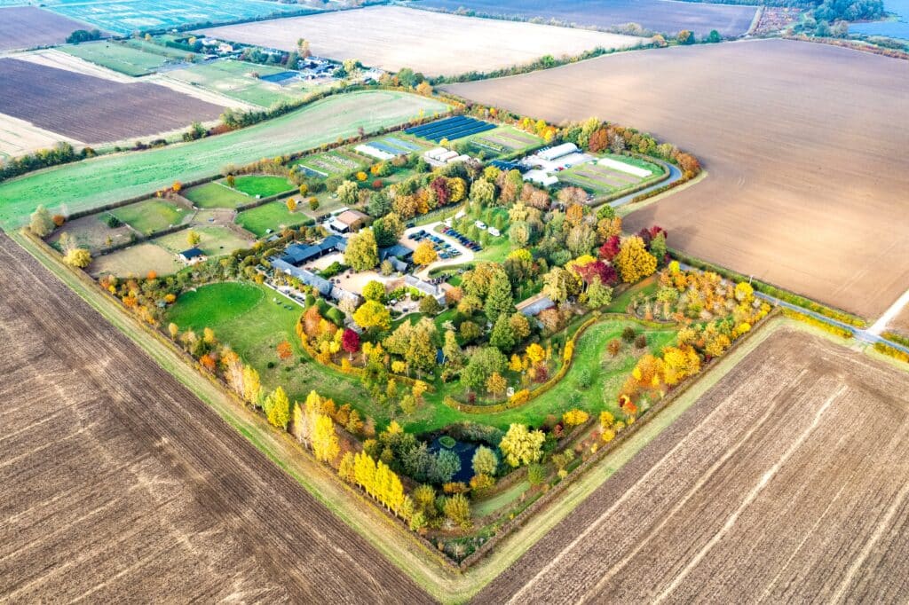 Seasonal aerial photo of South Farm eco-conscious wedding venue in Hertfordshire and Cambridgeshire