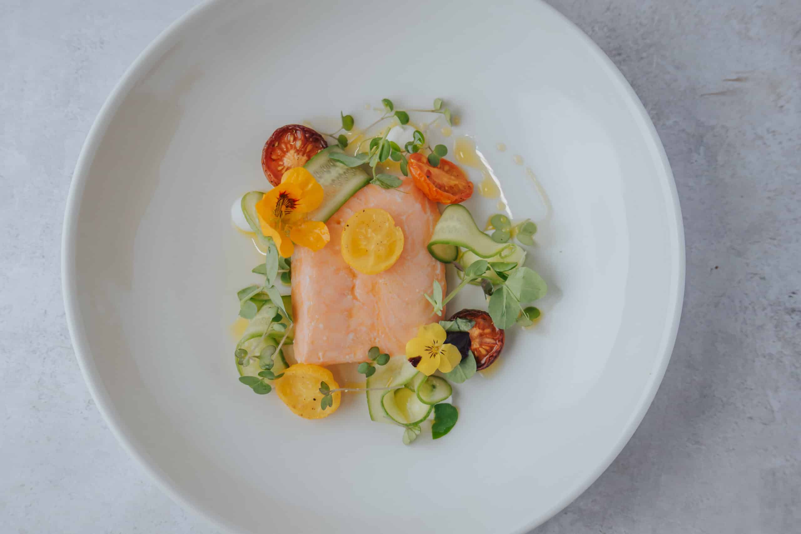 Confit Loch Duart Salmon, pickled Cucumber, Tomato, Sour Cream, Lemon Oil