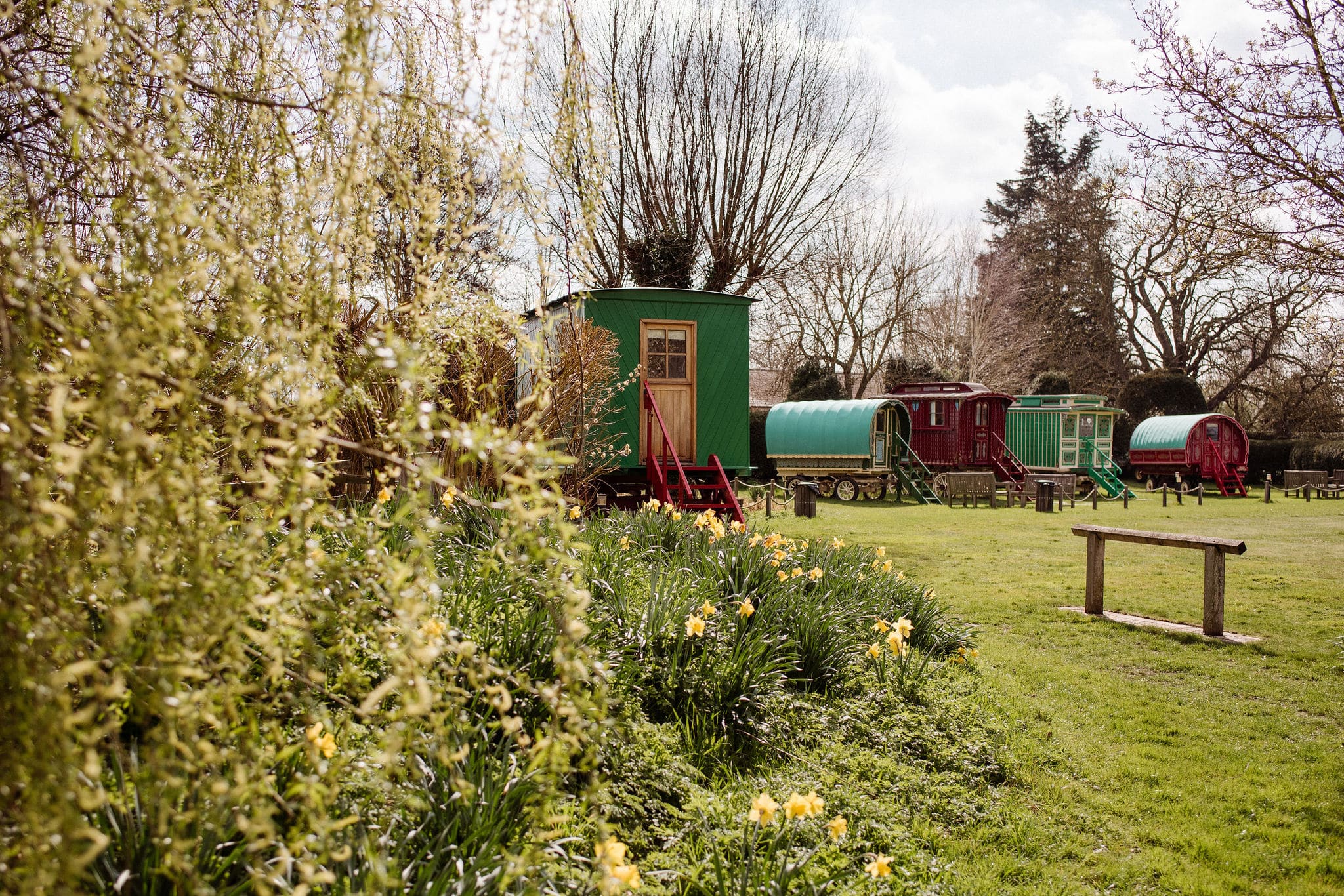 Colorful caravans in a garden