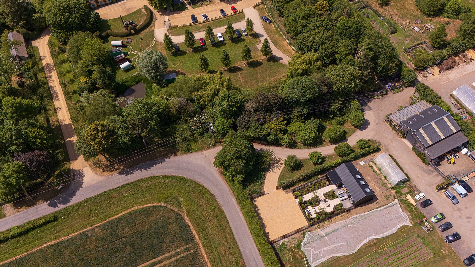 Wonderful aerial views of the Apple Shed at South farm Wedding venue in Hertfordshire