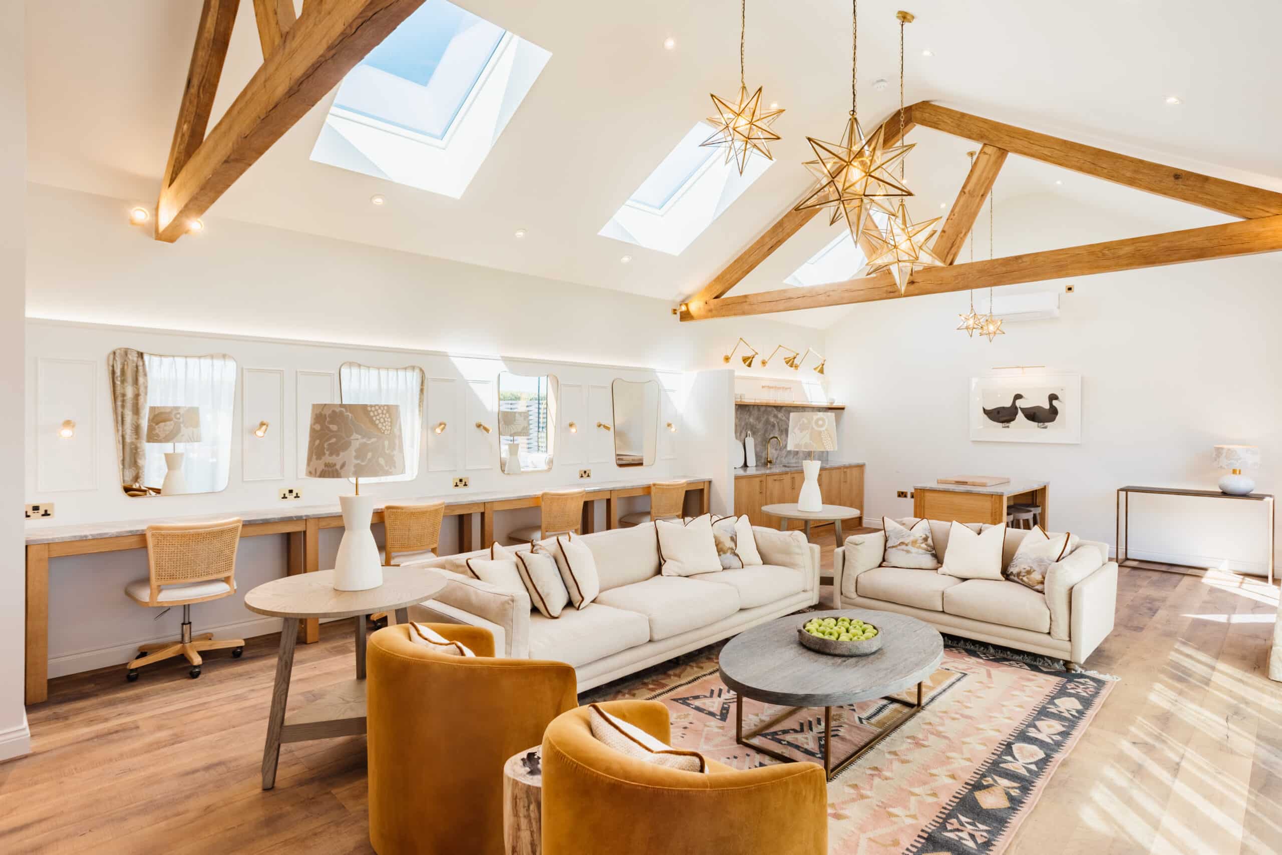 Modern interior with wooden beams.