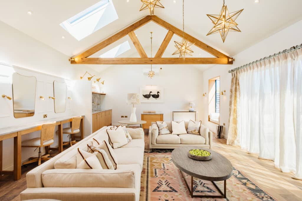 A beautiful open room for pre-wedding preparation. A classic and modern style with white walls and skylights.