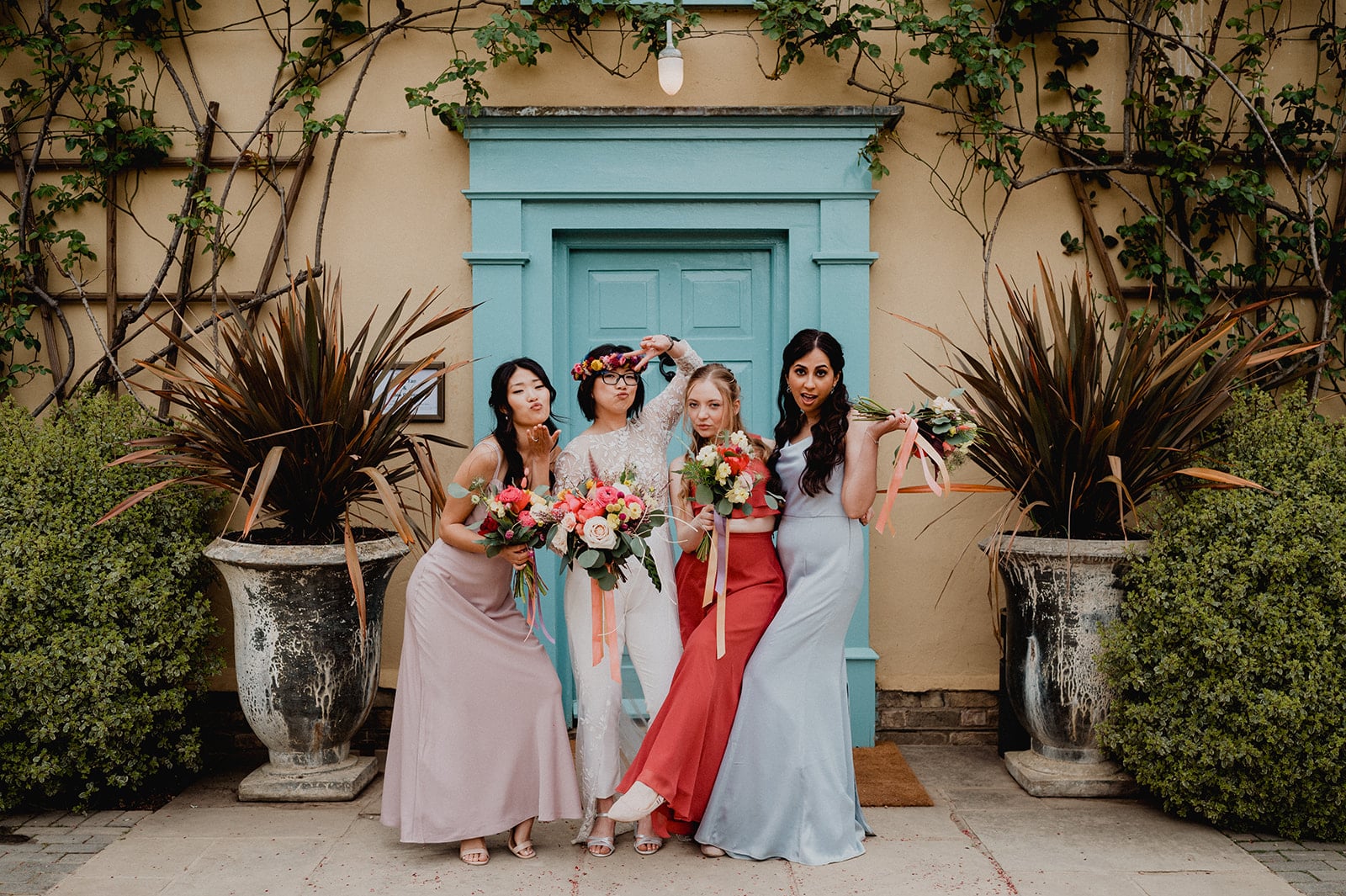 Bridal Party at front of charming Farmhouse at South Farm